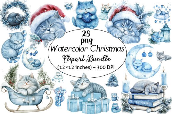 Download Watercolor Christmas Cats Clipart Bundle - Christmas Collection