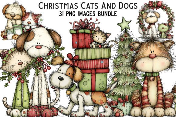 Download Whimsical Christmas Cats and Dog Friends - Christmas Collection