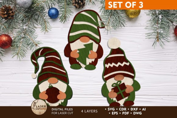 Download GNOMES CHRISTMAS ORNAMENTS SET, Wood Cut - Christmas Collection