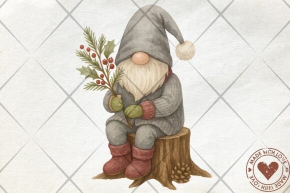 Download Watercolor Christmas Gnome with Holly PN - Christmas Collection