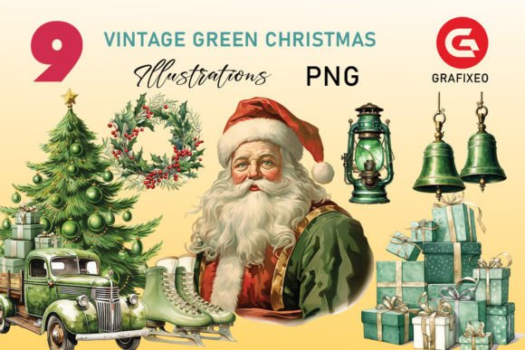 Download Vintage Green Christmas Illustrations - Christmas Collection